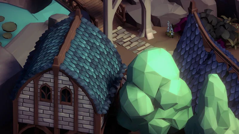 Des maisons elfiques aux toits bleus, au milieu d’arbres aux feuilles claires