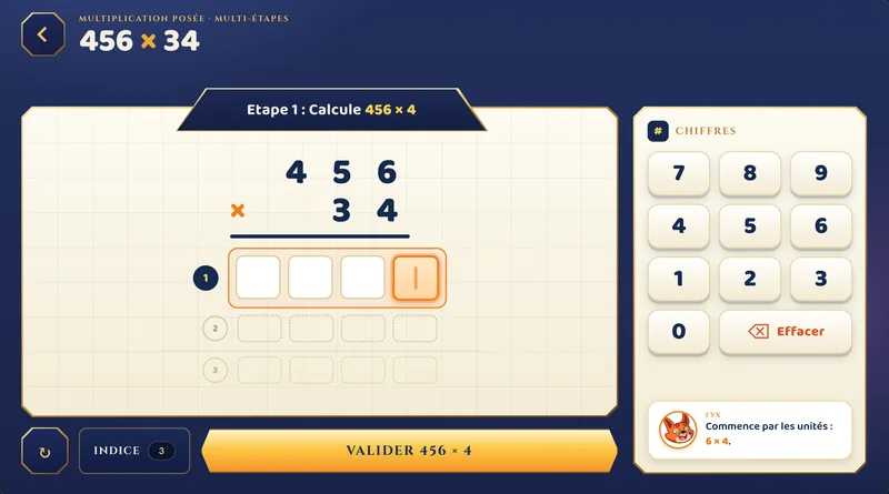 Exercice de calcul : la multiplication posée 456 × 34, à faire étape par étape