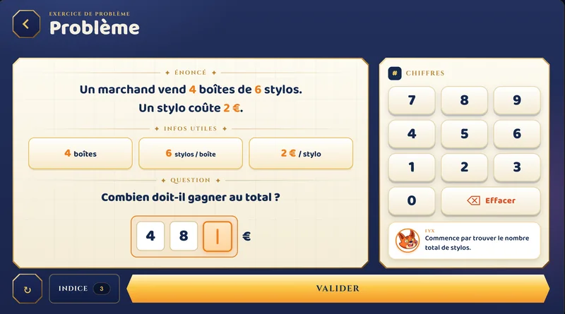 Exercice de problème : un marchand vend 4 boîtes de 6 stylos à 2 euros, combien gagne-t-il ?