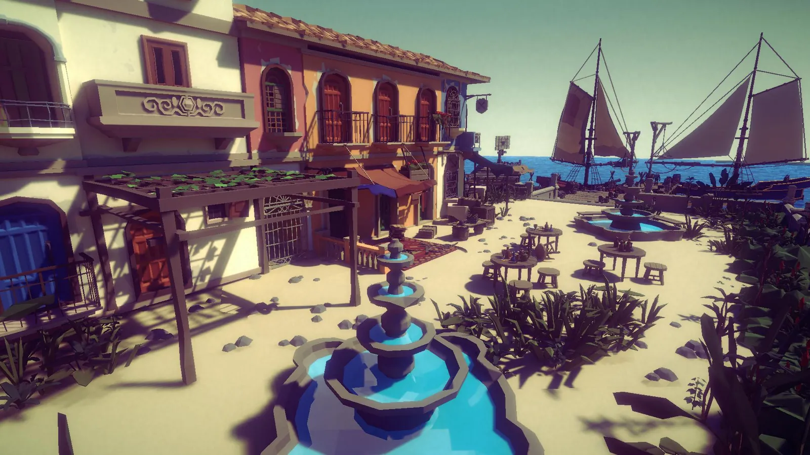 Une place de La Havane dans Skesia : maisons colorées, fontaine et voiliers au port