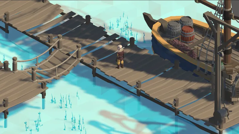 Un personnage sur les pontons du port, à côté d’une barque chargée de tonneaux