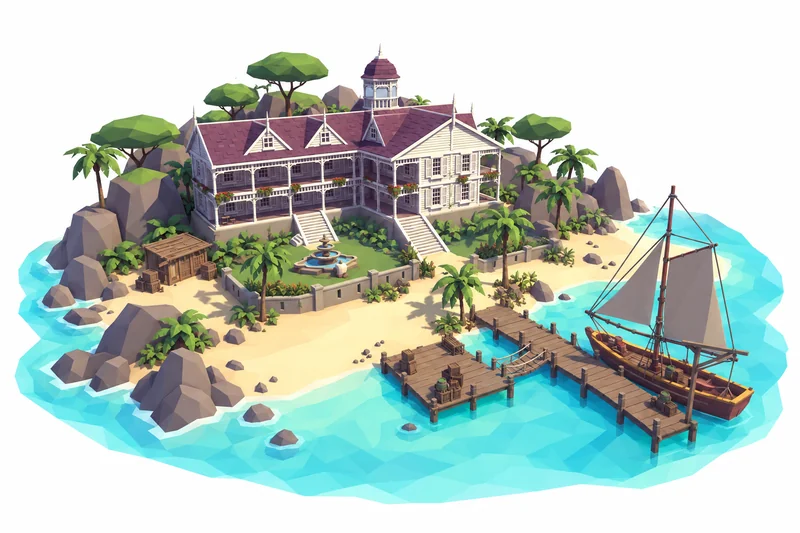 Île de Havana en style low-poly : demeure aux toits mauves, palmiers, plage et voilier au ponton